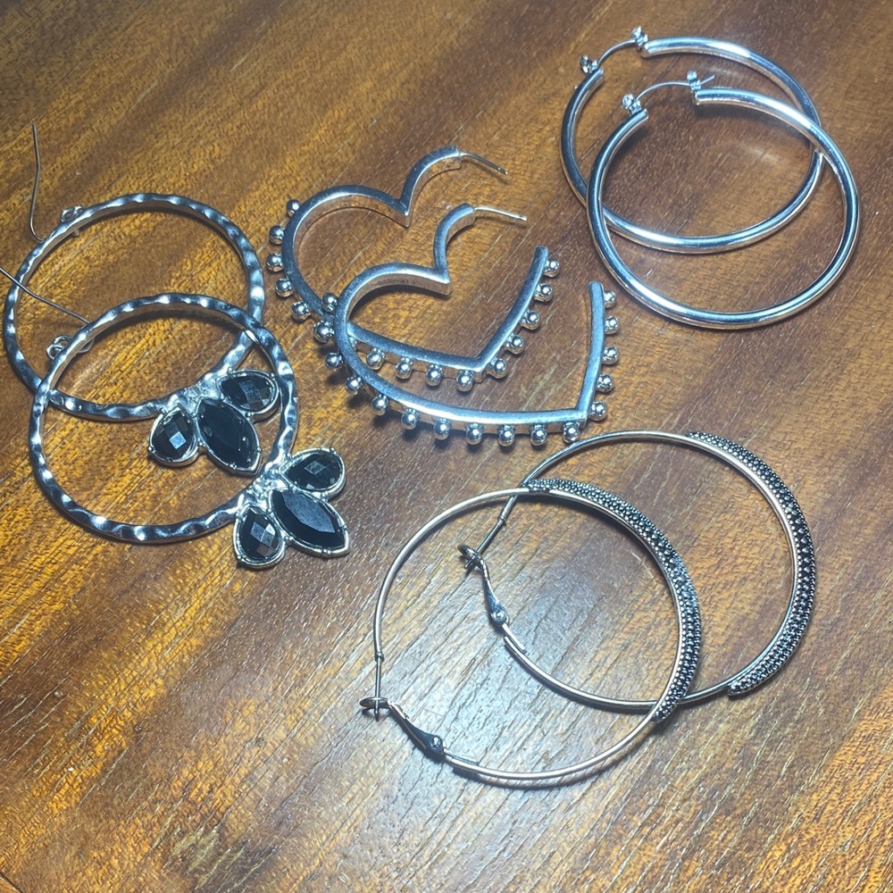 4 Silver coloured Hoop and Heart Earrings Set